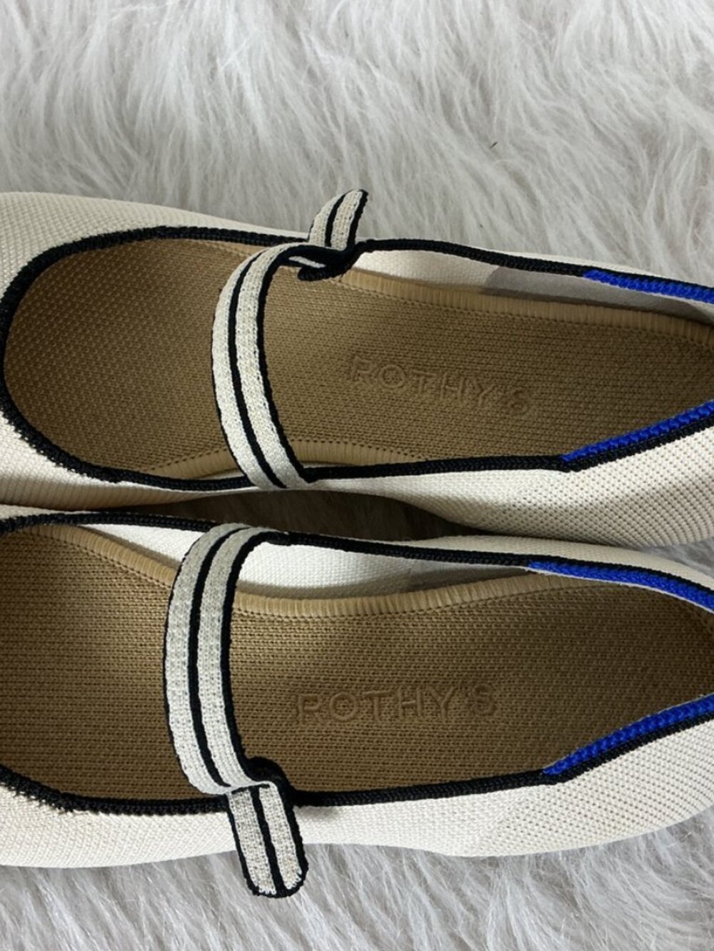 Rothy's Cream Gardenia White Black Trim Blue Halo The Square Toe Mary Janes 8 - Picture 3 of 11